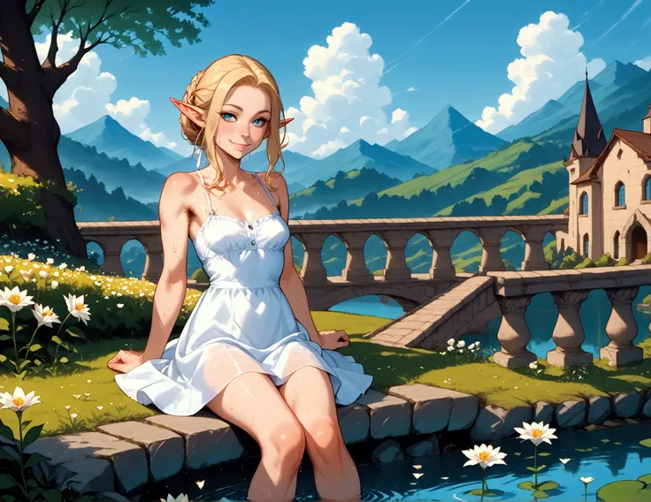 Create a dynamic and captivating art piece featuring a young girl in a flowing, pale blue sundress with delicate white flowers embroidered along the hem, sitting on a weathered stone bridge overlooking a serene lake at dusk. As the sun dips below the horiz...