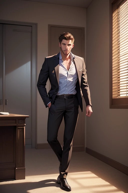 photo of (man), CRU, man de beleza mediana, ( short hair,  greyish brown , direct/wavy),  in the office, Leaning against the desk, formal clothing,   unbuttoned shirt  , ( full body :1.3), ( masterpiece) (perfect aspect ratio)( Realistic photo)( best quali...