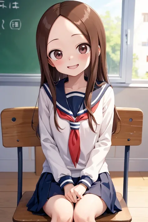 (takagi-san )
  upper body：sailor uniform
下半身：
 subject size：Girl
background ：Classroom
timer： beach
Expression ： evil smile
posture ：sitting
