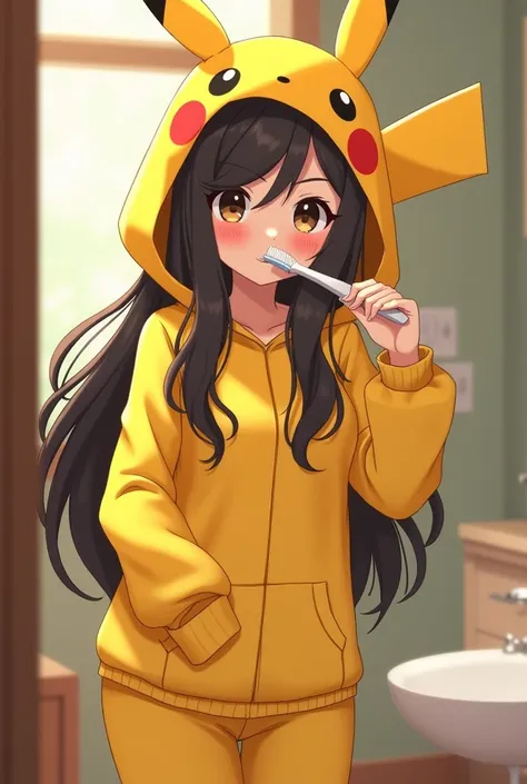 With long black hair brushing his teeth in picachu pajamas with a hood simulating his ears 