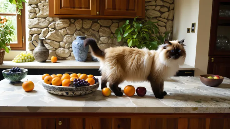 (cat, himalayan cat:1.2), detailed fur, vase, intricate design, stone and glass, of plant, orange-fruit, bowl of fruits, grapes, muscats, apple, kitchen garden, robust stone, harmony,