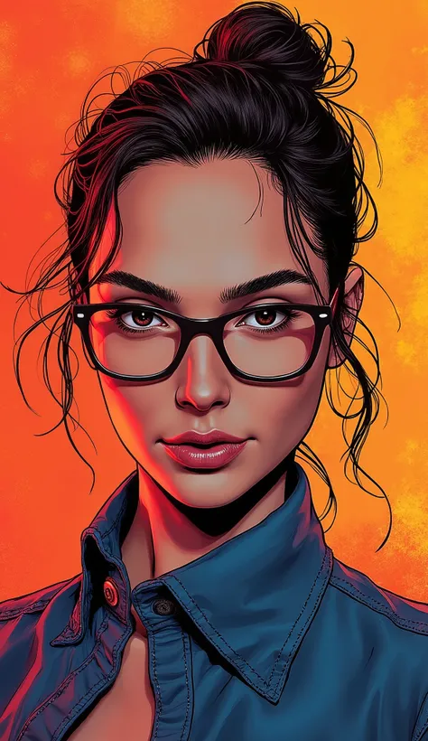 discreet image.  with discreet casual wear and glasses. ,  American plan, comic style. SHE IS so beautiful ,  beautiful woman .  IMAGES WITH VIBRANT COLORS .  with colorful background,  detailed eyes, comic style