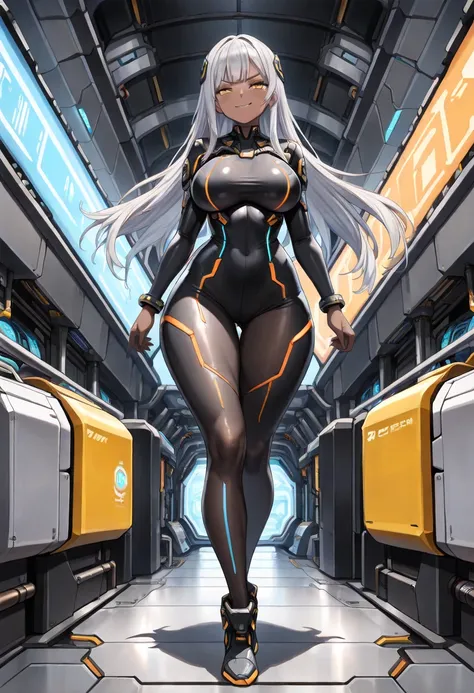 1girl, dark-skinned female, breasts, large breasts, wide hips, white hair, silver hair, grey hair, long hair, yellow eyes, smile, smirk, smug, pervert, bodysuit, black bodysuit, futuristic, tech, science-fiction, neon, neon trim, pantyhose, black pantyhose...