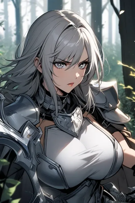 One girl, the highest quality, silver hair, silver eyes, wearing a silver knight shield, holding a gold and silver sword in her hand ready to fight, 32 years old, tense look, in the forest, big breasts,Obeid's collar on her neck