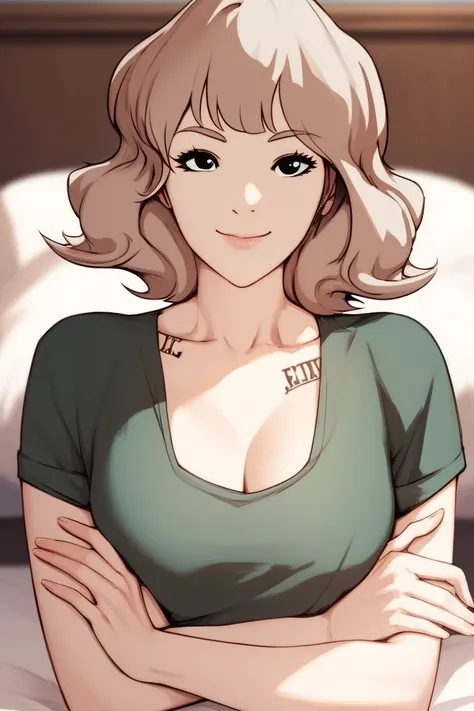 score_9, score_8_up, score_7_up, score_6_up, high res, bedroom, in bed, good anatomy, good proportions, 1girl, solo, sallypark, light-brown hair, medium hair, bangs, black eyes, looking at viewer, green bra, crossed arms, smile, closed mouth, upper body, h...