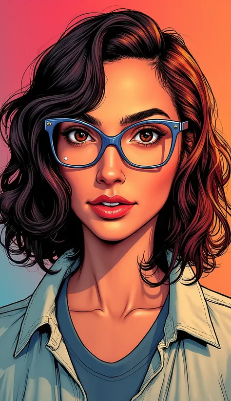 discreet image. with discreet casual wear and glasses. , American plan, comic style. SHE IS so beautiful , beautiful woman . IMAGES WITH VIBRANT COLORS . with colorful background, detailed eyes, comic style