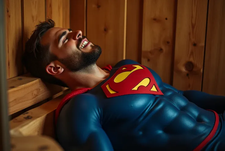 a attractive European Man, ericjanicki, Handsome, short brunette hair, 30 years old, beard, Muscular man in a sauna, feeling unwell, wearing a fitted blue Superman suit with red accents and an 'S'-shaped emblem on his chest, in lateral decubitus position, ...