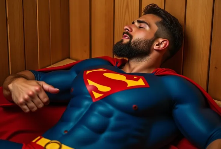 a attractive European Man, ericjanicki, Handsome, short brunette hair, 30 years old, beard, Muscular man in a sauna, feeling unwell, wearing a fitted blue Superman suit with red accents and an 'S'-shaped emblem on his chest, in lateral decubitus position, ...