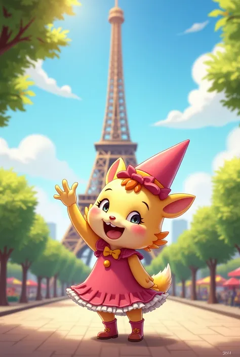 Create this character in front of the Eifel Tower waving like someone who said hello with their hand