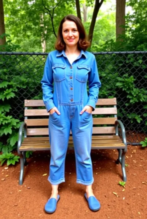 A woman stands outdoors in a park-like setting, wearing a denim jumpsuit and denim slippers. The jumpsuit is a light blue denim with a front pocket on the chest and long sleeves. The denim slippers match the jumpsuit in color and style. Her hands are tucke...