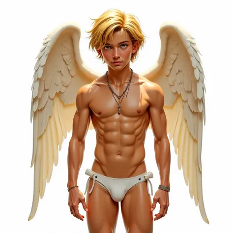 Realistic Angel,  aesthetic six pack teen boy, stark, bravo, short golden hair, gold eyes, no shirt, white speedo, wet hair, water on skin, wet sweat glistening body, big wings, gold eyes, tan skin, jewelry, white background