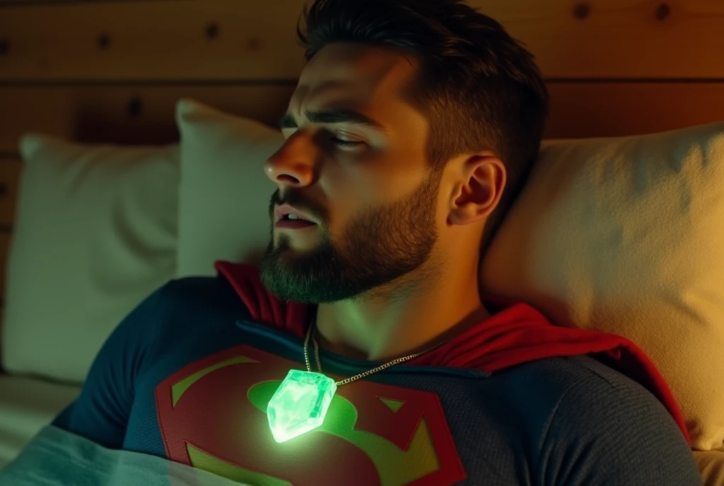 a attractive European Man, ericjanicki, Handsome, short brunette hair, 30 years old, beard, Muscular man in a sauna, feeling unwell, wearing a Superman suit with red accents and an 'S'-shaped emblem on his chest, in lateral decubitus position, pained facia...