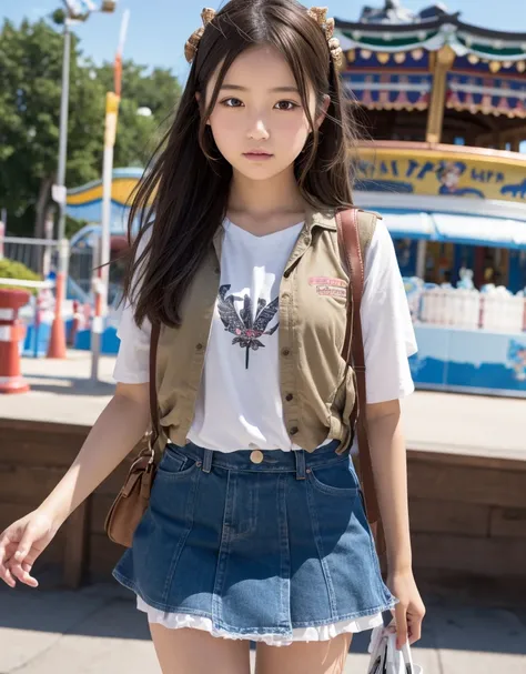  柔らかく温かい雰囲気のとても可愛らしい black hair short bobの美少女,　A fun outing with dad,　break, Dress stylishly in girly fashion,　 female middle school student, Summer vacation, Amusement Park，one girl,  break,  Very realistic skin texture、Droopy eyes, high resolution, maste...