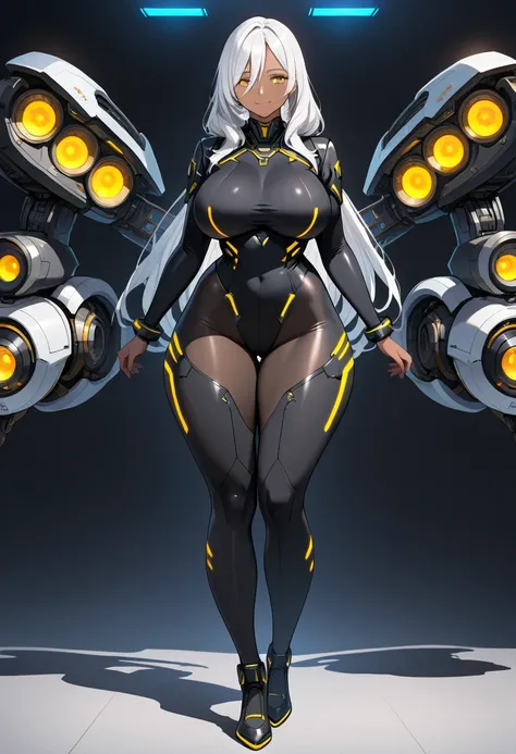 1girl, dark-skinned female, breasts, large breasts, wide hips, thick thighs, white hair,  long hair, yellow eyes, smile, light smile, bodysuit, black bodysuit, futuristic, tech, science-fiction, neon, neon trim, pantyhose, black pantyhose, full body, ((ful...