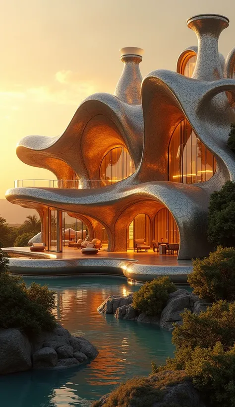 "A futuristic mansion with architecture inspired by an ornate Chihuahua design, featuring sleek, curved structures resembling the graceful form of a Chihuahua, intricate metallic patterns mimicking the texture of their fur, and warm, glowing lights illumin...