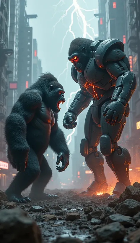 "A massive, battle-scarred gorilla with dark, matted fur and glowing red eyes stands face-to-face with a towering futuristic robot, both locked in a tense stare, ready to engage in brutal combat. The gorilla’s muscles ripple with raw power, its sharp fangs...