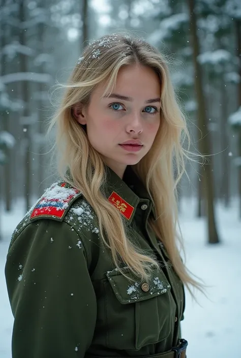 In the foreground, a determined Soviet female soldier stands resolutely, her presence a striking contrast against the snowy jungle backdrop. Her long, blonde hair, slightly tousled by the cold wind, frames her face, accentuating her light blue eyes that sh...