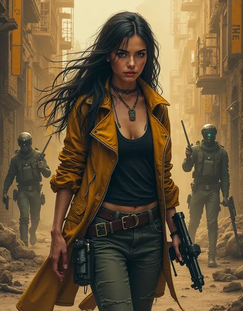 Full body shot 3/4 view, young beautiful European woman, holding a gun, random illustrations to fill a post-apocalyptic comic book, sci-fi in the style of tank girl, dirty barren world full of gangers, steampunk girls, irradiated, mutated men and women, im...