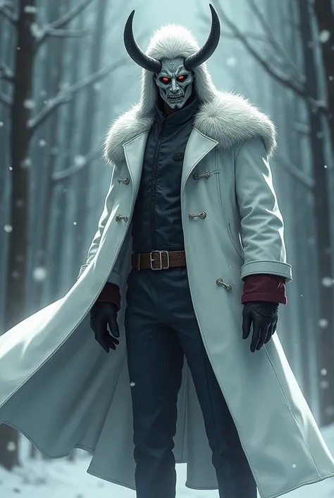 man with white ushanka,a mask with horn and eyes,long white coat,leather collar,tall,anime style