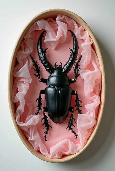 rhinocerous beetle taxidermy with delicate pink lace underneath encased in an oval frame. make it seem like the beetle is crawling through the lace 