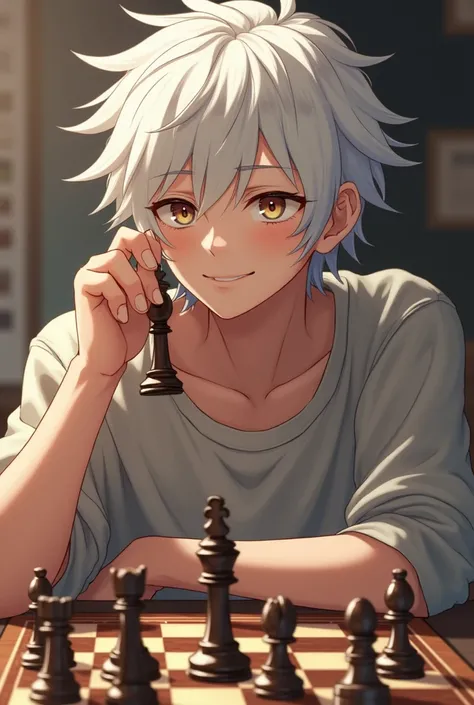 Create a photo with a young white -haired male character holding the poster and are sitting at the chess chess, smiling at the middle of the picture, holding the queen piece in hand