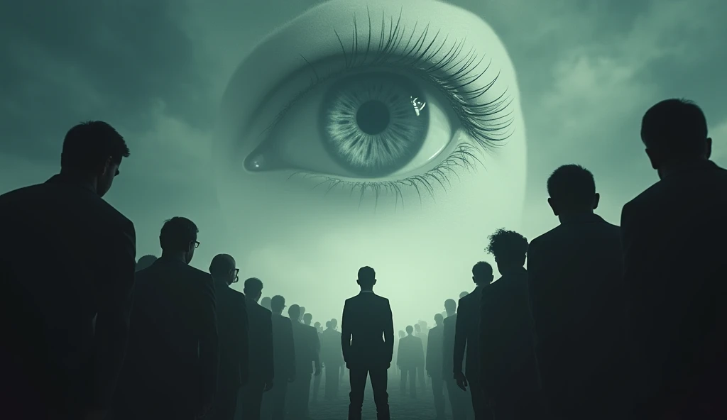 A hyper-realistic image of a giant eye in the sky, its iris resembling a hypnotic spiral, staring directly at a crowd of people with blank expressions. One person in the center is waking up, eyes wide in realization, breaking free from invisible shackles. ...