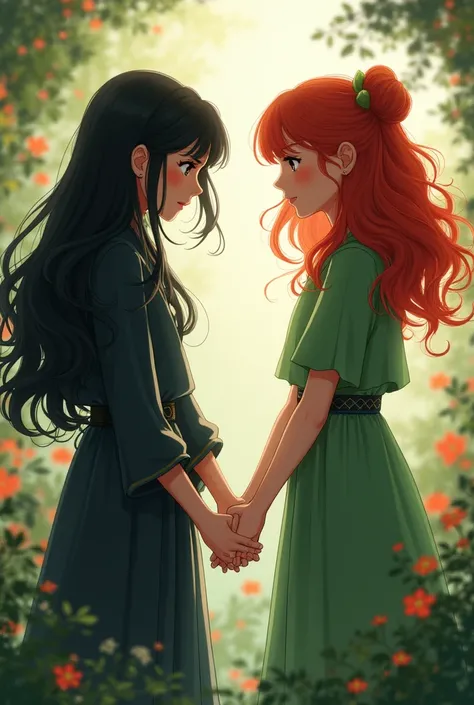 Two girls holding hands.  One with black hair and dressed in black, the other one with red hair and dressed in green.