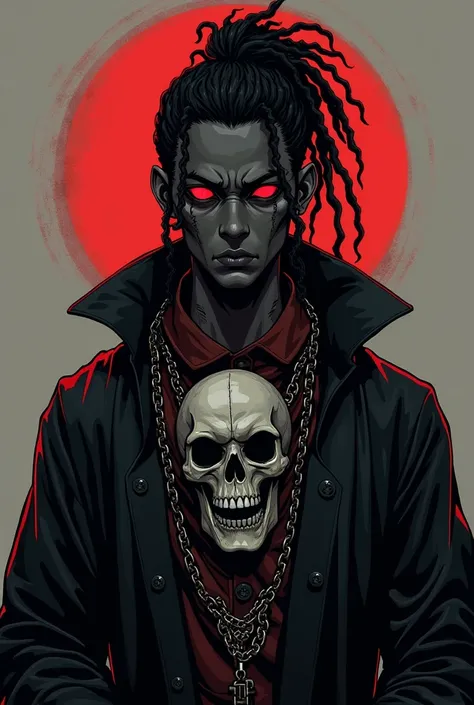 Homme Black  maître des techniques nécromancie, Guadeloupe,  skeleton head chain around his neck , evil aura , serious face,  Japanese anime-style ,Kimetsu no Yaiba,young , Black , malignant, dreads, Guadeloupe,dark skin , corps entièrement visible,Baron's...