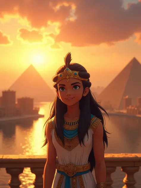 Introduction Scene: The Rise of Ramses

Prompt: A majestic ancient Egyptian sunrise over the Nile River, golden rays reflecting on the water. In the background, colossal pyramids and temples stand tall. A young Ramses II, dressed in royal gold and blue gar...