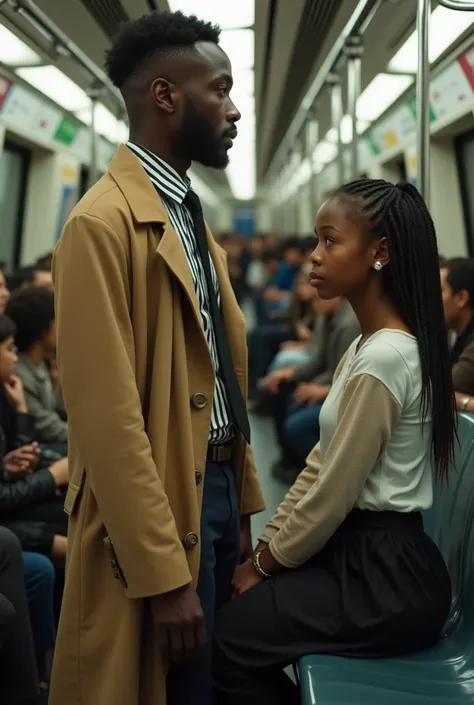 Young African man wearing a paper coat, striped shirt and tie, girl wearing a long sleeve t-shirt and black baggy pants, in a very crowded metro station, on the train the girl is sitting in a chair and the young man is standing in front of her 