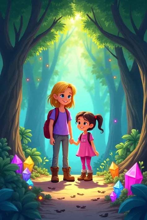 Create a cartoon scene using the following characteristics, Laura (girl, 1.20m tall and 30kg, blonde hair just below her shoulders, blue eyes and fair skin) She is wearing a purple adventure t-shirt, comfortable pants and boots, and a small backpack on her...