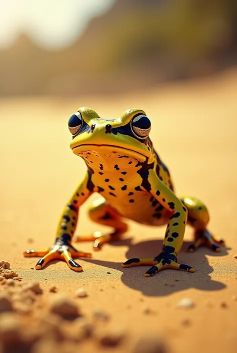  A slim , Yellow frog with dark patterns moves quickly across the hot Cape Verde beach, ready, to escape from its prey or to surprise an enemy .