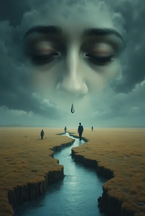 A poetic, surreal image where a single tear falls from closed eyes, turning into a river that flows through a vast, empty landscape. The sky is dark with stormy clouds, symbolizing sorrow, while distant figures watch in regret, unable to undo the past.