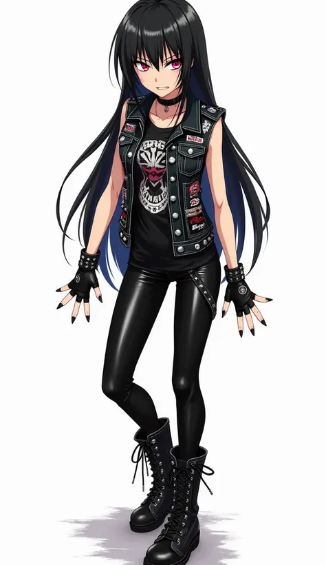  Japanese anime age woman with long straight black hair and intense magenta eyes and black nails and white leather and dresses completely in black, with a sleeveless denim vest decorated with patches of bands and metal studs, a t-shirt with a graphic desig...