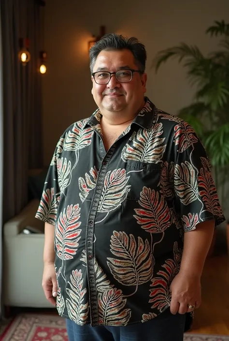 A handsome masculine mix Turkish and Mexican chubby 50 year old man with short, thin hair, thick glasses, and a mix between Erdogan and Vince Gill, chubby, standing in a relaxed pose wearing Indonesian batik with abstract leaf carving motifs in black, whit...