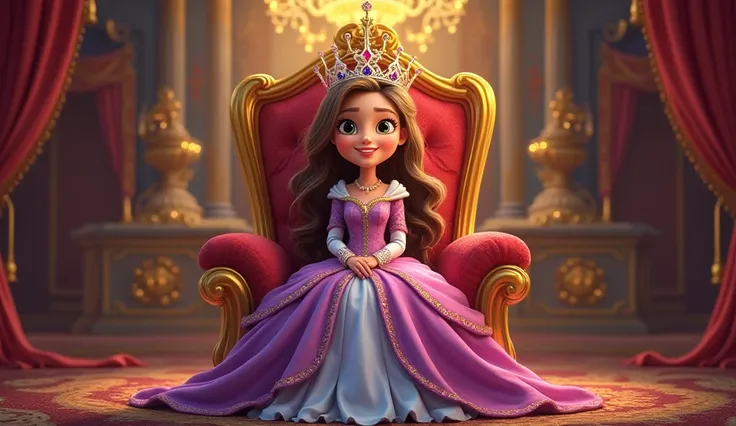 **Q - Queen**  
*Prompt:* "A cartoon queen with a shiny crown, sitting on a colorful royal throne in a grand castle. She has a kind smile, and her gown is decorated with sparkling jewels. The background is filled with tapestries and a glowing chandelier."