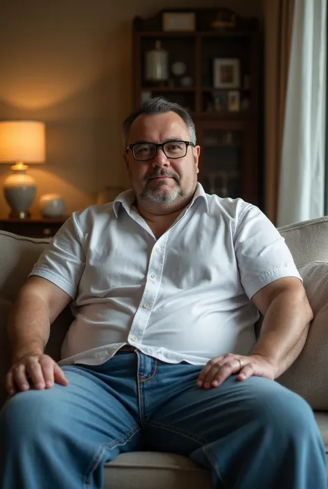 A handsome masculine mix Turkish and Mexican chubby 50 year old man with short, thin hair, thick glasses, and a mix between Erdogan and Vince Gill, chubby, sitting astride on the couch wearing casual clothes, with a living room in the background. 

