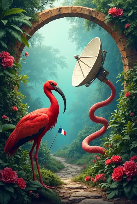  in a circular shape  ,  in the background the French flag, A parabolic antenna, A red ibis , dans une jungle avec un serpent 