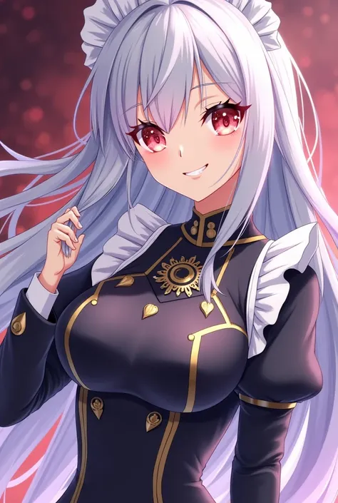 Woman in anime. Seraphina has long, flowing silver hair with hints of lavender at the tips, symbolizing her elegance and timeless grace. Her eyes are a striking shade of crimson with flecks of gold, a rare trait that showcases her noble devil lineage.She w...