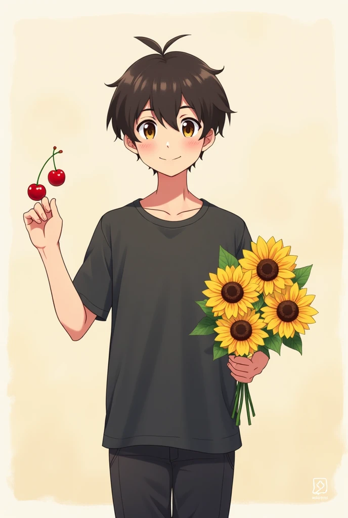 Cute male anime cartoon character, left hand holding sunflowers, right hand holding cherry, wearing black shirt, wearing long pants