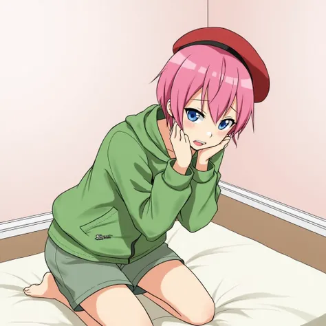  pink hair　 short hair　 red beret　Right eye is blue　The left eye is pink 　 odd-eye　anime　 big breasts　 embarrassed face　whole body　 hid their breasts with their hands 　 stand on all fours in bed like looking down　Green jacket　　　 green shorts 　 nudes　naked　...