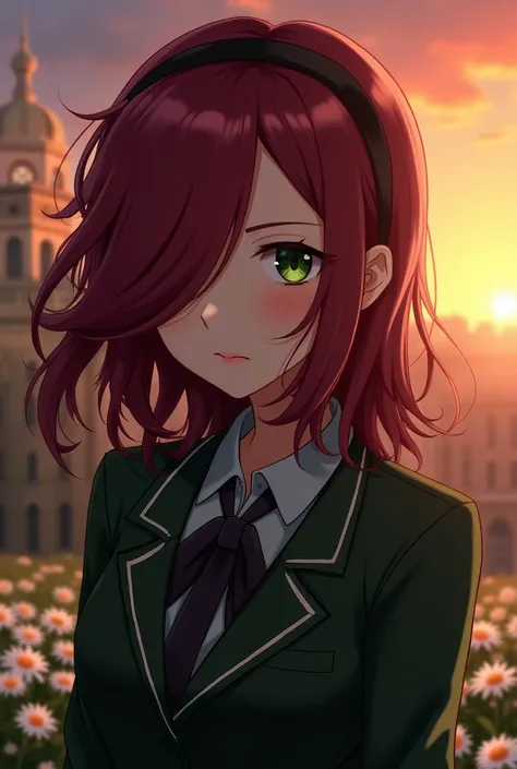 A girl with dark magenta hair with her ends combed upwards,  to the shoulders, with side bangs covering one of his eyes,  dark green eyes,  slightly red lips , Act as if the wind is moving your hair,  wearing a dark green secretary outfit with slightly mor...