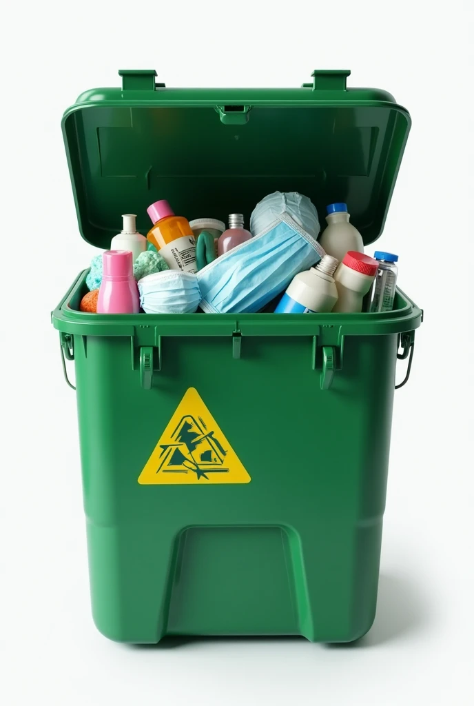 The garbage container must be the 200 l green one that has many masks, gloves, bags, bottles and syringes inside this container must be open this image is for a work on medical waste add a yellow triangle with nothing inside and show the container in a mor...