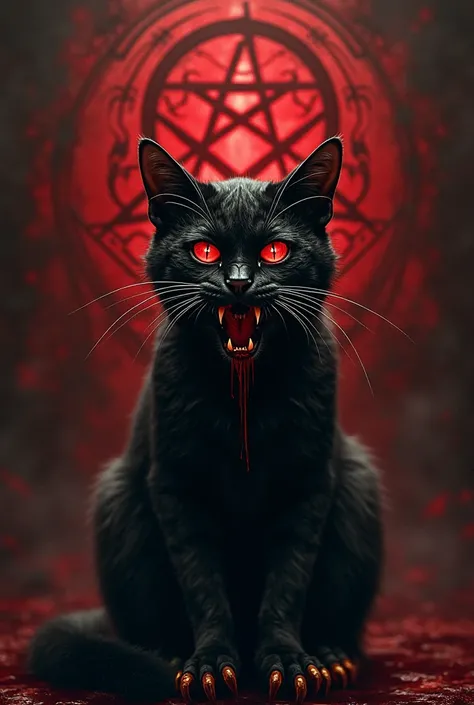 Expected satanic cat with red blood pentagrams with large gold nails
