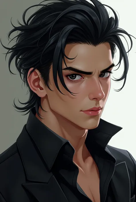 An illustration with only one male protagonist, It feels like a digital painting, Handsome and sweeping up the bangs above her forehead. The feature is sexy. With black hair and black eyes, handsome.