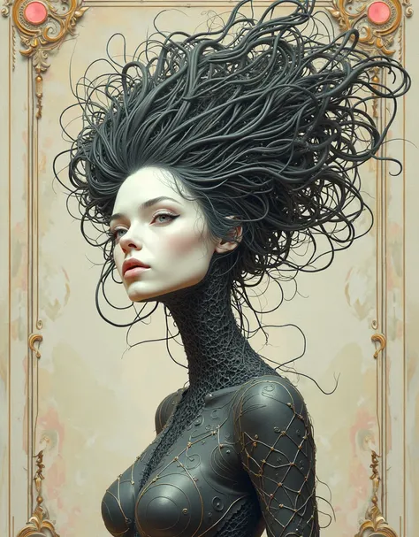 Baroque Style, dreamlike Hyperdetailed grunge art fantasy illustration featuring an cyberpunk female android, hair from wires, white porcelain face, sci-fi, elegant, dreamy atmosphere, intricate, ornate, decorative, pastel colors, whimsical, embellished, f...