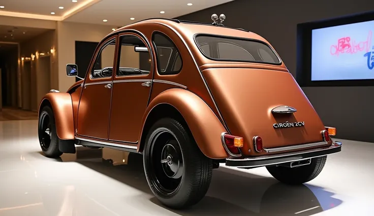 "A stunning back left-side view of the 2025 Citroën 2CV, showcasing its modern-retro design in a luxurious showroom. The car retains its iconic curved rear fenders and sloping roofline, blending vintage charm with contemporary styling. The sleek LED tailli...