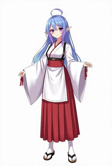 She styled anime adult women , with long hair in bright sky color with purple tips and with locks in front,  Elf Ears, with bright purple eyes, wearing a red striped skirt that wears up to the ankles , a white Japanese kimono with wide sleeves and the elbo...