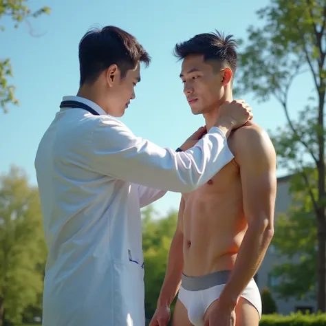 คุณภาพสูง, 8K Ultra HD, A young handsome Thai male doctor undergoing a physical check by another male doctor in an outdoor setting on a sunny day. The scene depicts a professional atmosphere with clear blue skies, surrounded by greenery. The first doctor, ...