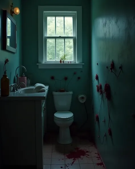 creepy bathroom、A single flower、Horrible and beautiful、Hands and feet jumping out of the wall、Hair crawling on the floor、 High Contrast 、 cinematic lighting、force、Death metal style、 horror、Destructive、Memories of sorrow、 colorful